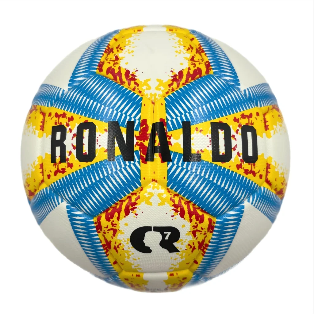 A yellow blue and red football with color matching size5 PU