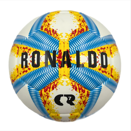 A yellow blue and red football with color matching size5 PU