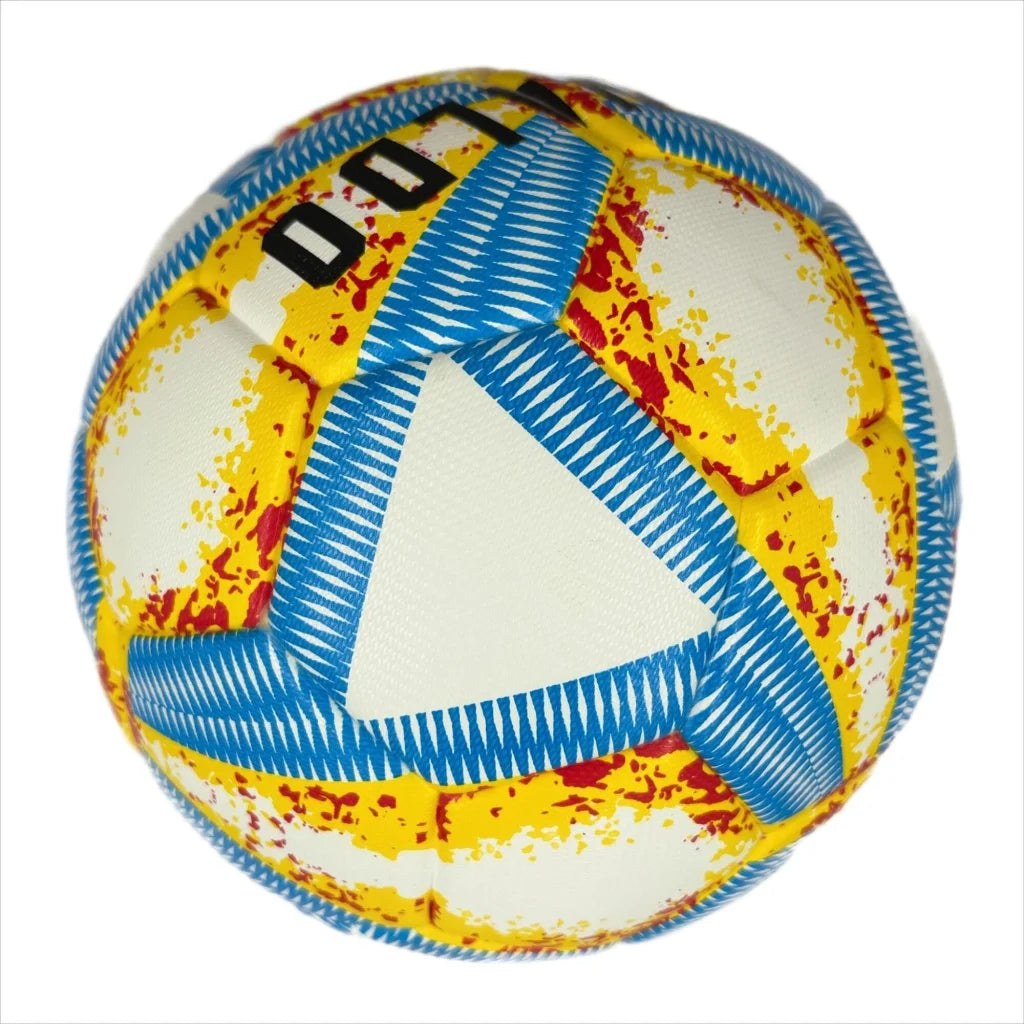 A yellow blue and red football with color matching size5 PU
