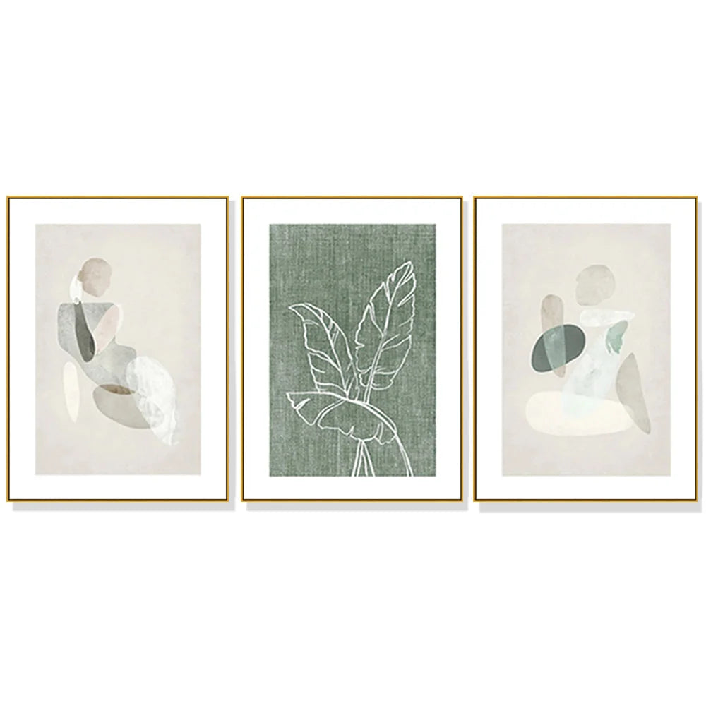 Abstract Body and Leaves Wall Art - 3 Sets Gold Frame