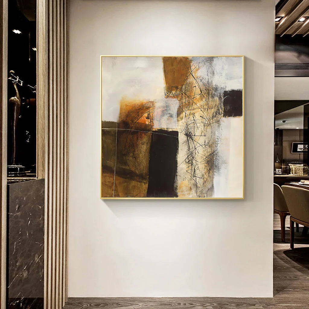 Abstract Gold Brown Painting Style Gold Frame Canvas Wall