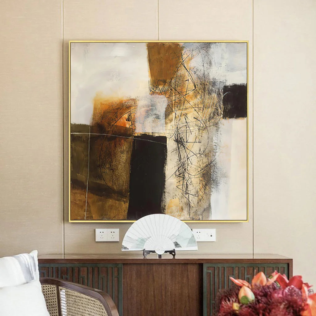 Abstract Gold Brown Painting Style Gold Frame Canvas Wall