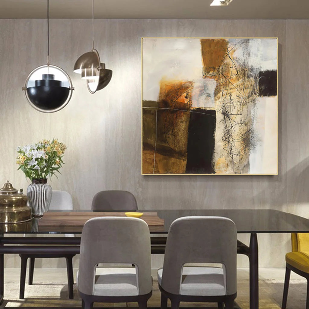 Abstract Gold Brown Painting Style Gold Frame Canvas Wall