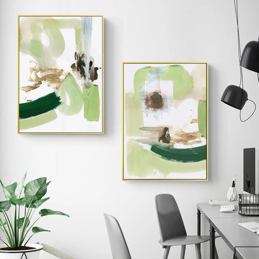 Abstract Green Mint Wall Art Canvas 2 Sets Gold Frame