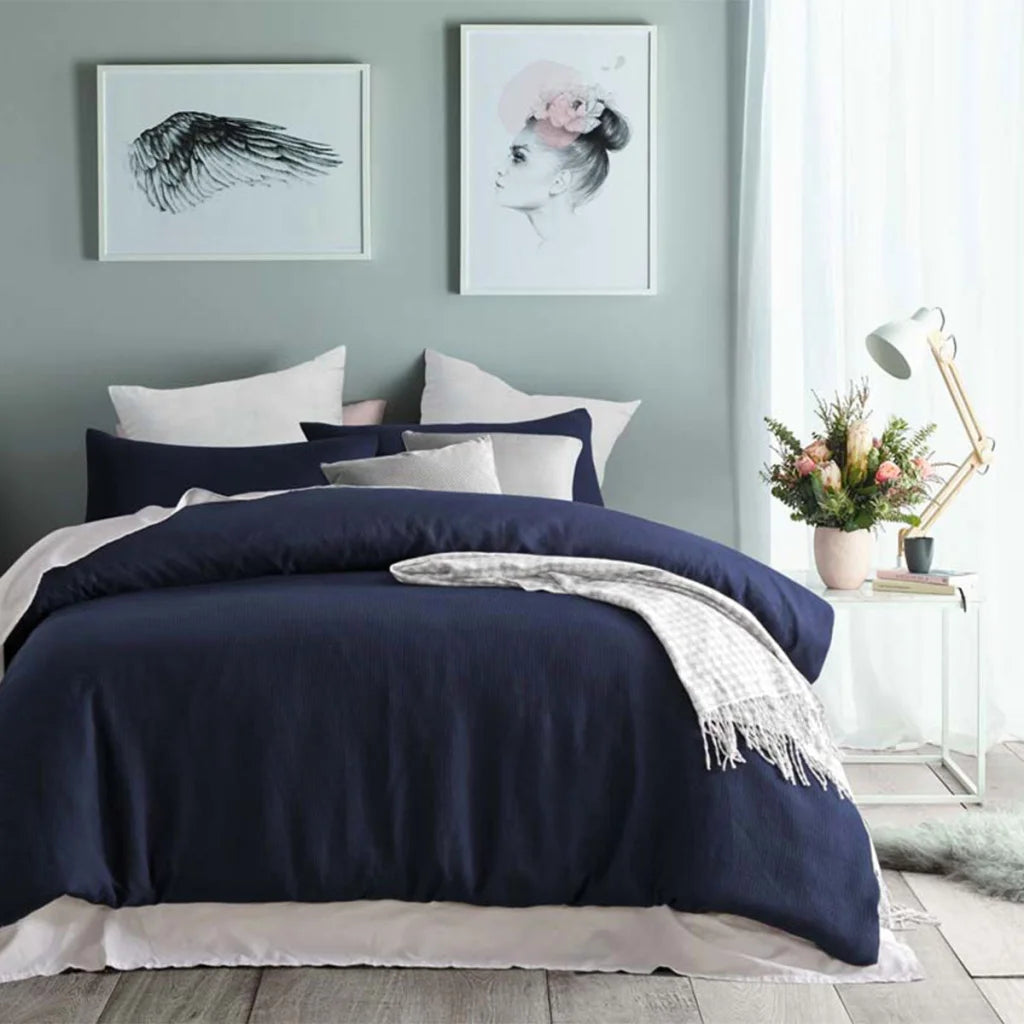 Accessorize Navy Waffle Polyester Quilt Cover Set - King