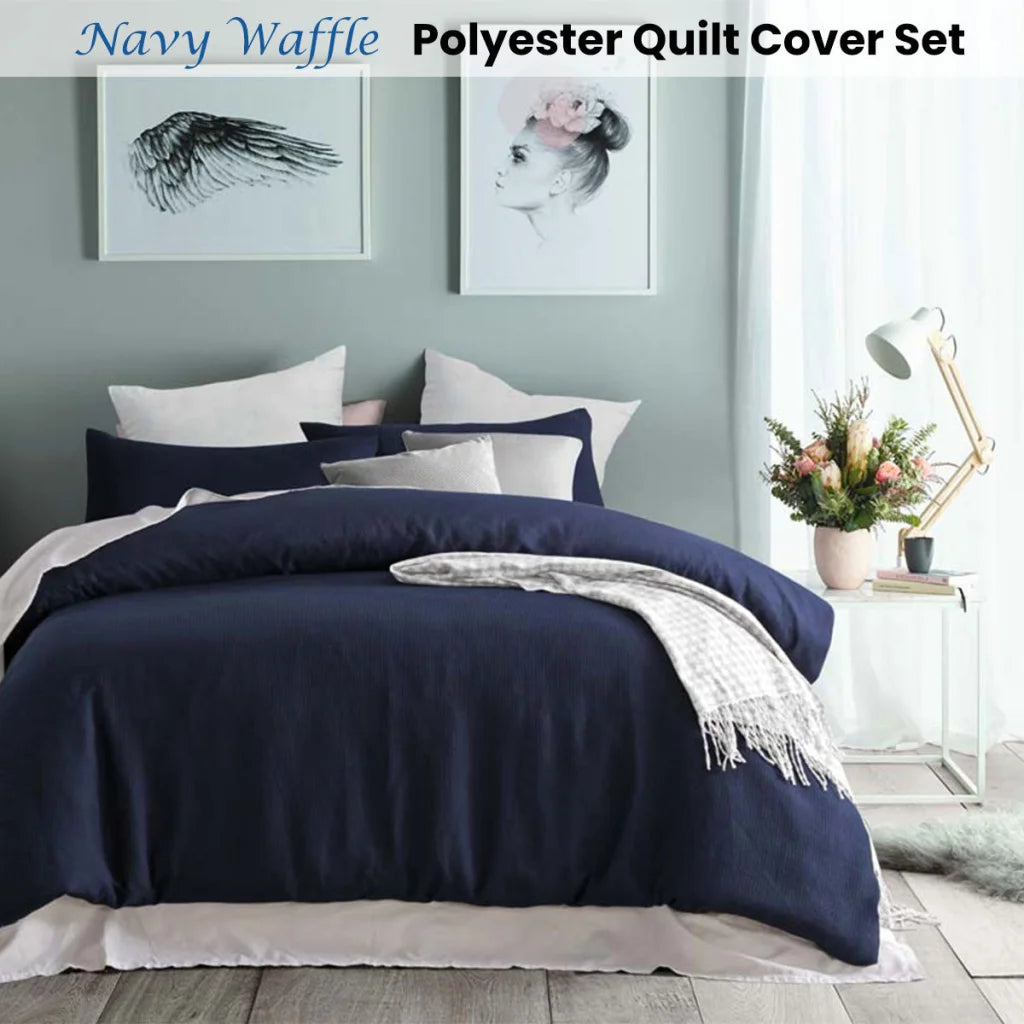 Accessorize Navy Waffle Polyester Quilt Cover Set - Queen