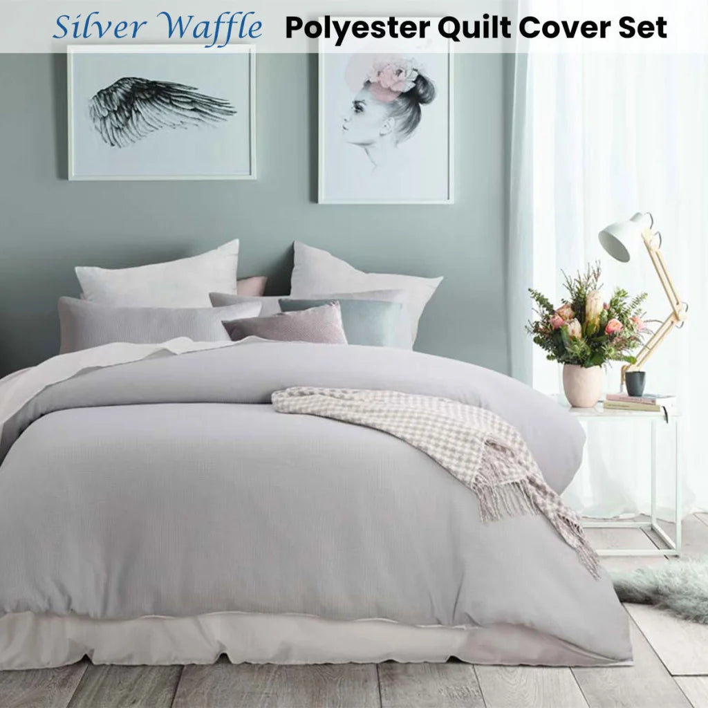 Accessorize Silver Waffle Polyester Quilt Cover Set - Queen