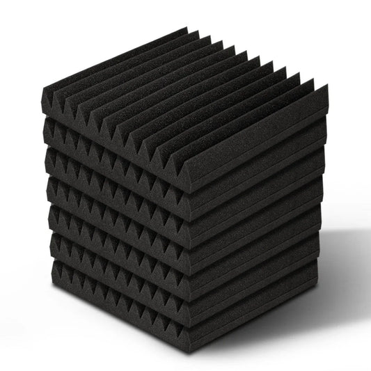 Black 30cm acoustic foam panel set with black foam wedges stacked for wall corners