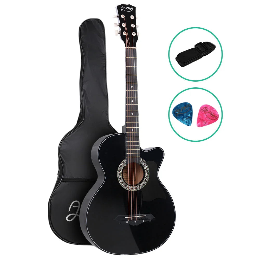 Acoustic Guitar ALPHA 38 Inch Wooden Black - Musical