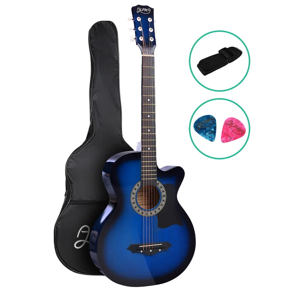Blue wooden acoustic guitar alpha with inch musical