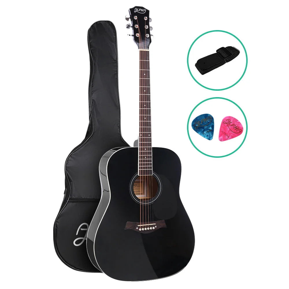 Black wooden acoustic guitar alpha with inch musical