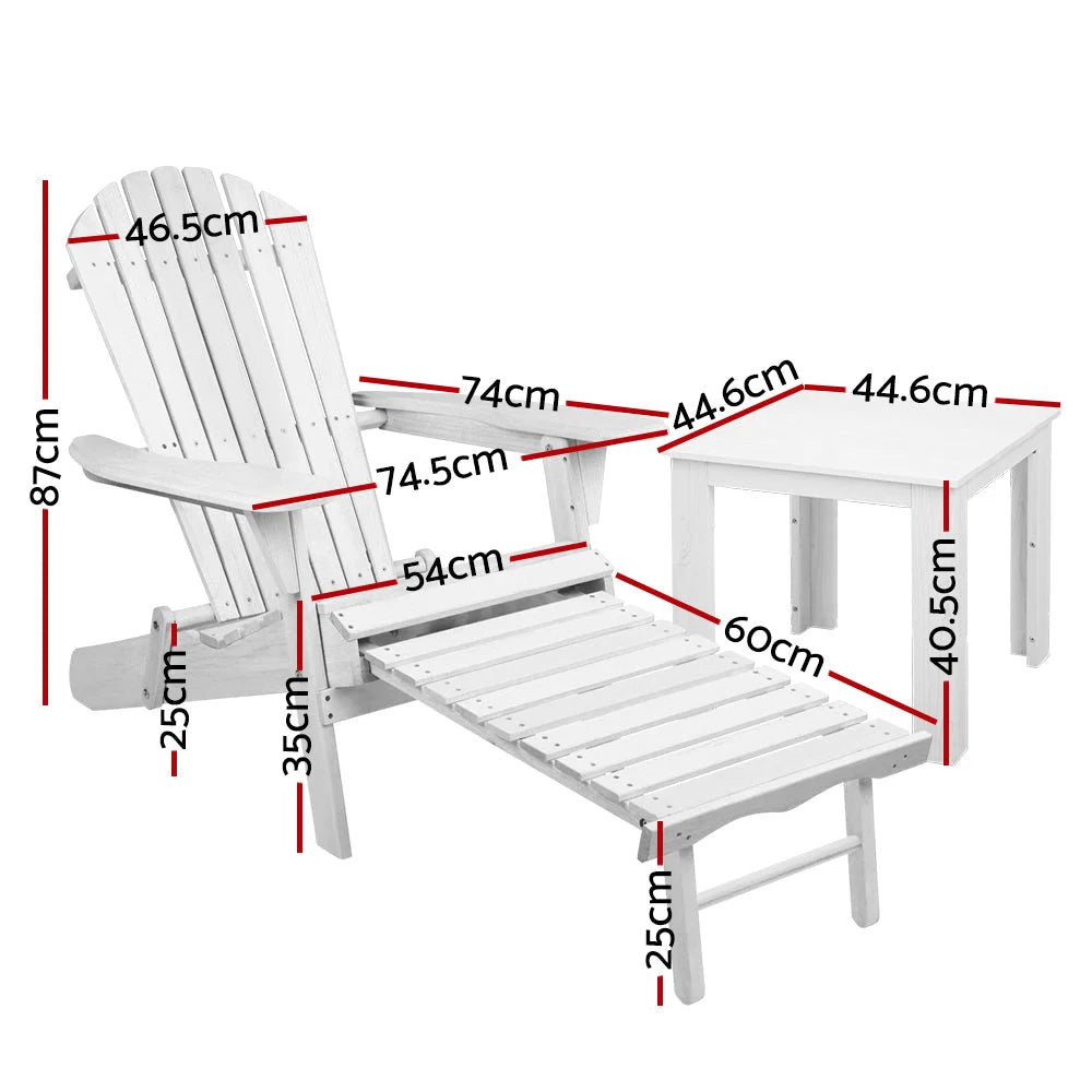 Adirondack Lounge Beach Chair Set 3-Piece - White - Outdoor