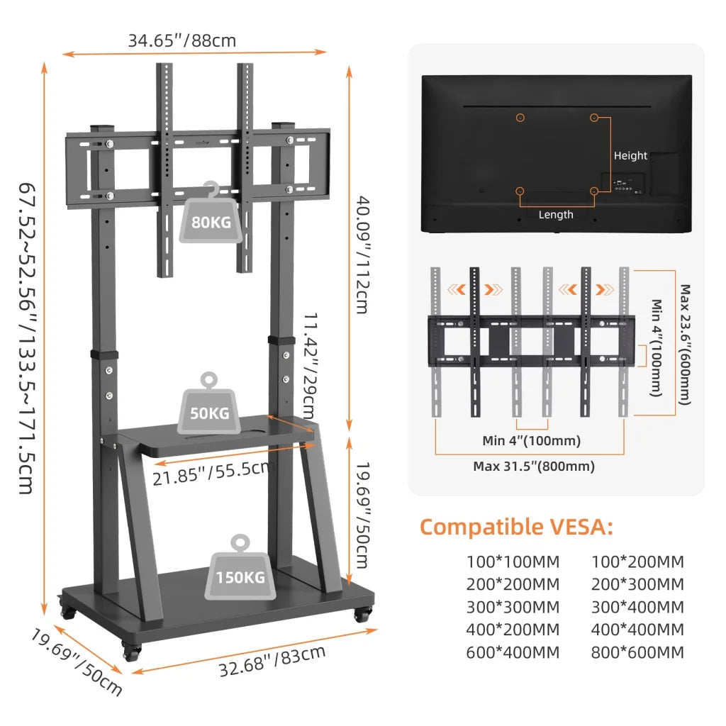 Mobile TV cart stand with side supports and structural rails