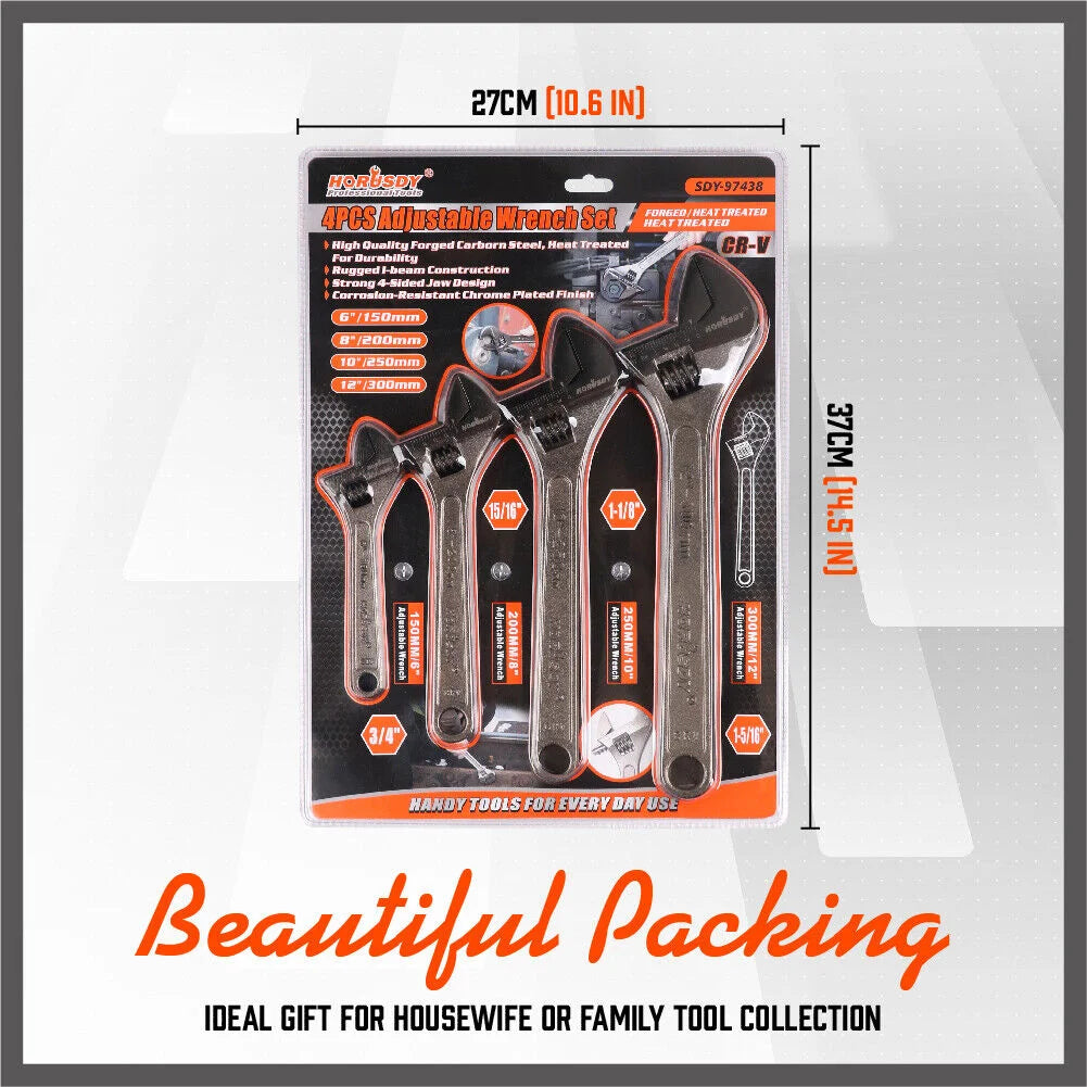 Adjustable Wrench Set 4Pc Heavy Duty Shifter Spanner Wide