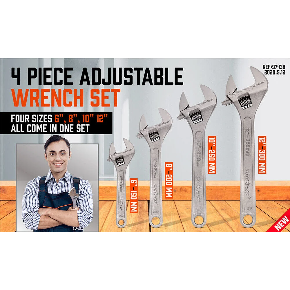 Adjustable Wrench Set 4Pc Heavy Duty Shifter Spanner Wide