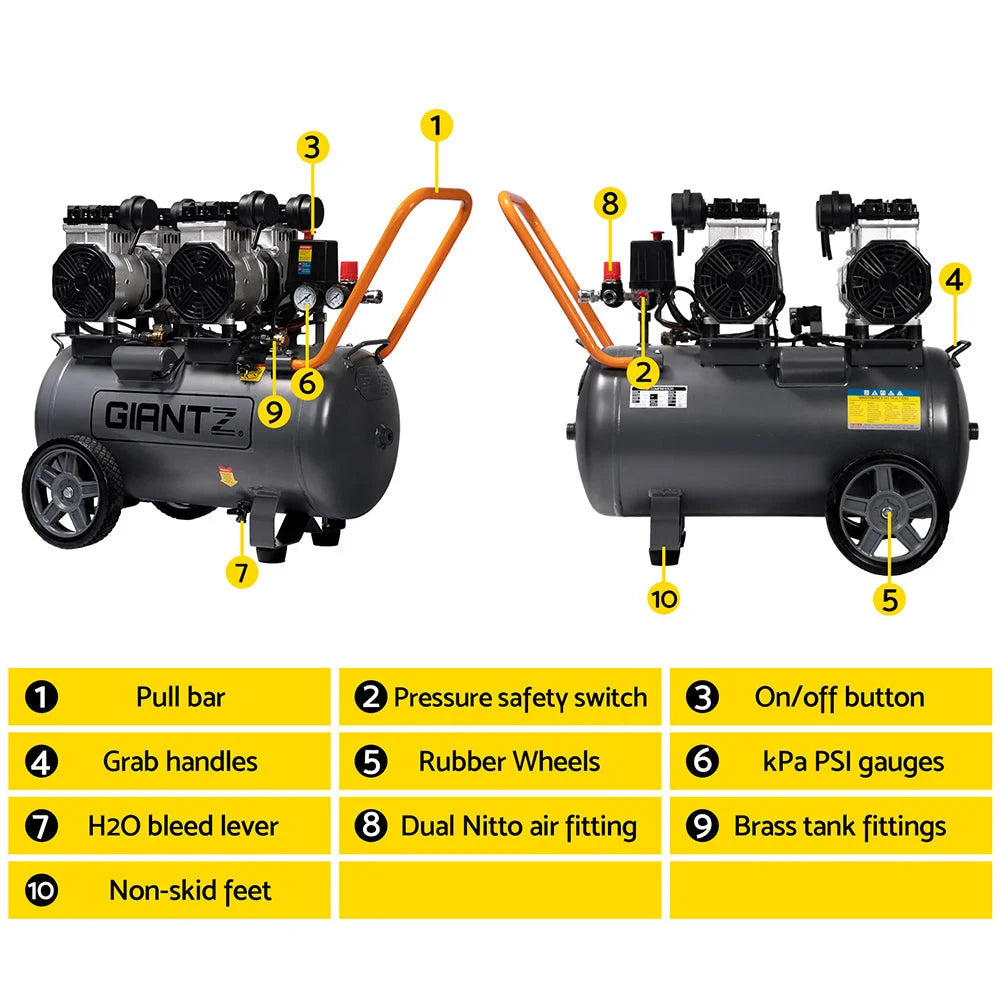 Air Compressor 50L 3.0HP Oil-Free Quiet Portable Inflator