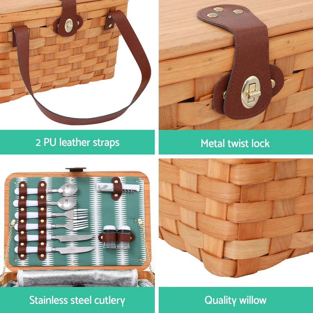 Alfresco 2 Person Picnic Basket Set Wooden Cooler Bag