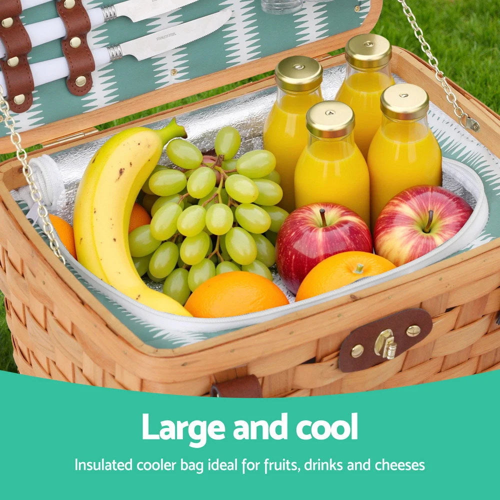Alfresco 2 Person Picnic Basket Set Wooden Cooler Bag