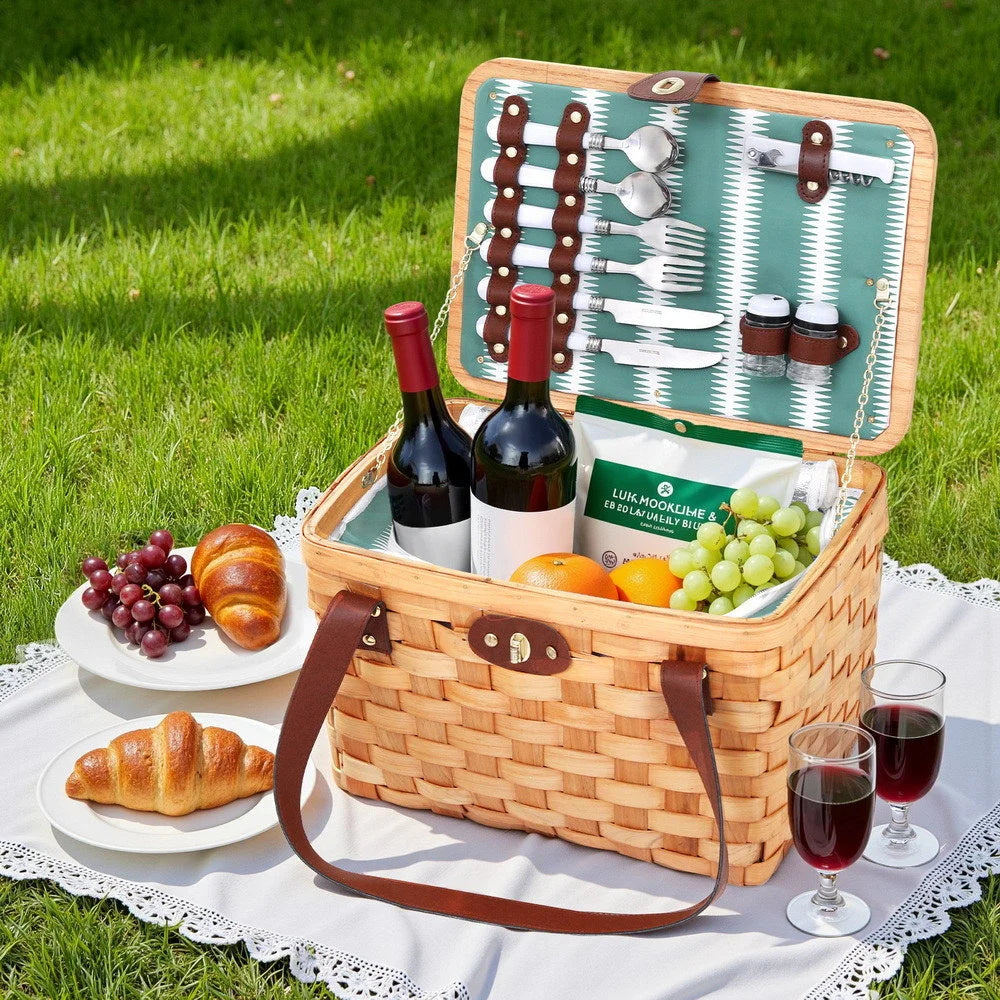 Alfresco 2 Person Picnic Basket Set Wooden Cooler Bag