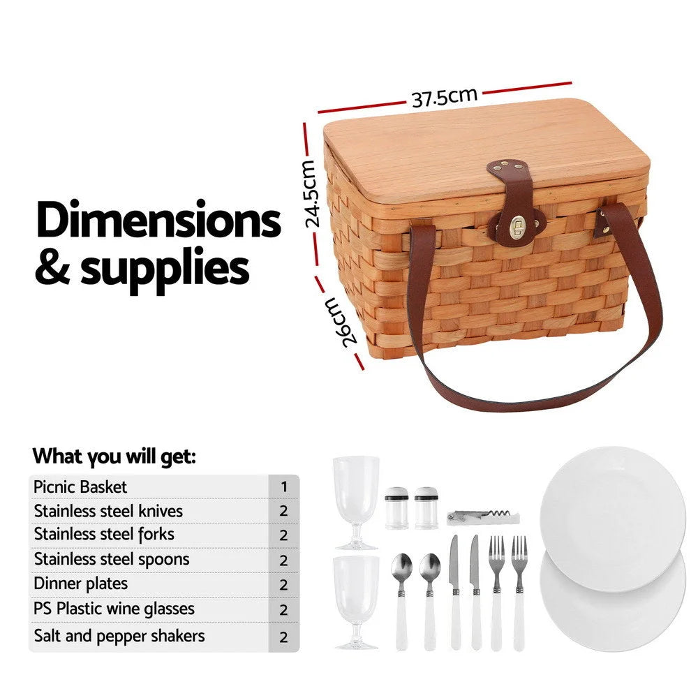 Alfresco 2 Person Picnic Basket Set Wooden Cooler Bag