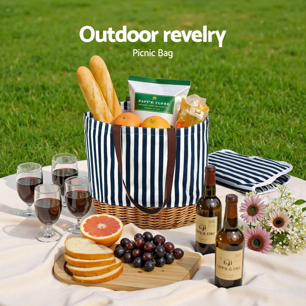 Alfresco 4 Person Picnic Basket Bag Set Wooden Blanket