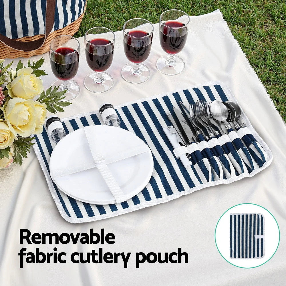 Alfresco 4 Person Picnic Basket Bag Set Wooden Blanket