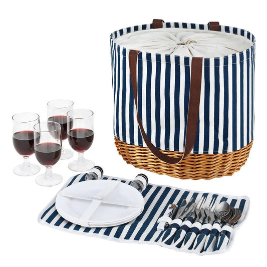 Alfresco 4 Person Picnic Basket Bag Set Wooden Blanket