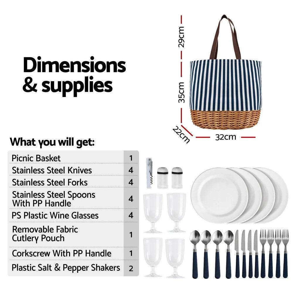 Alfresco 4 Person Picnic Basket Bag Set Wooden Blanket