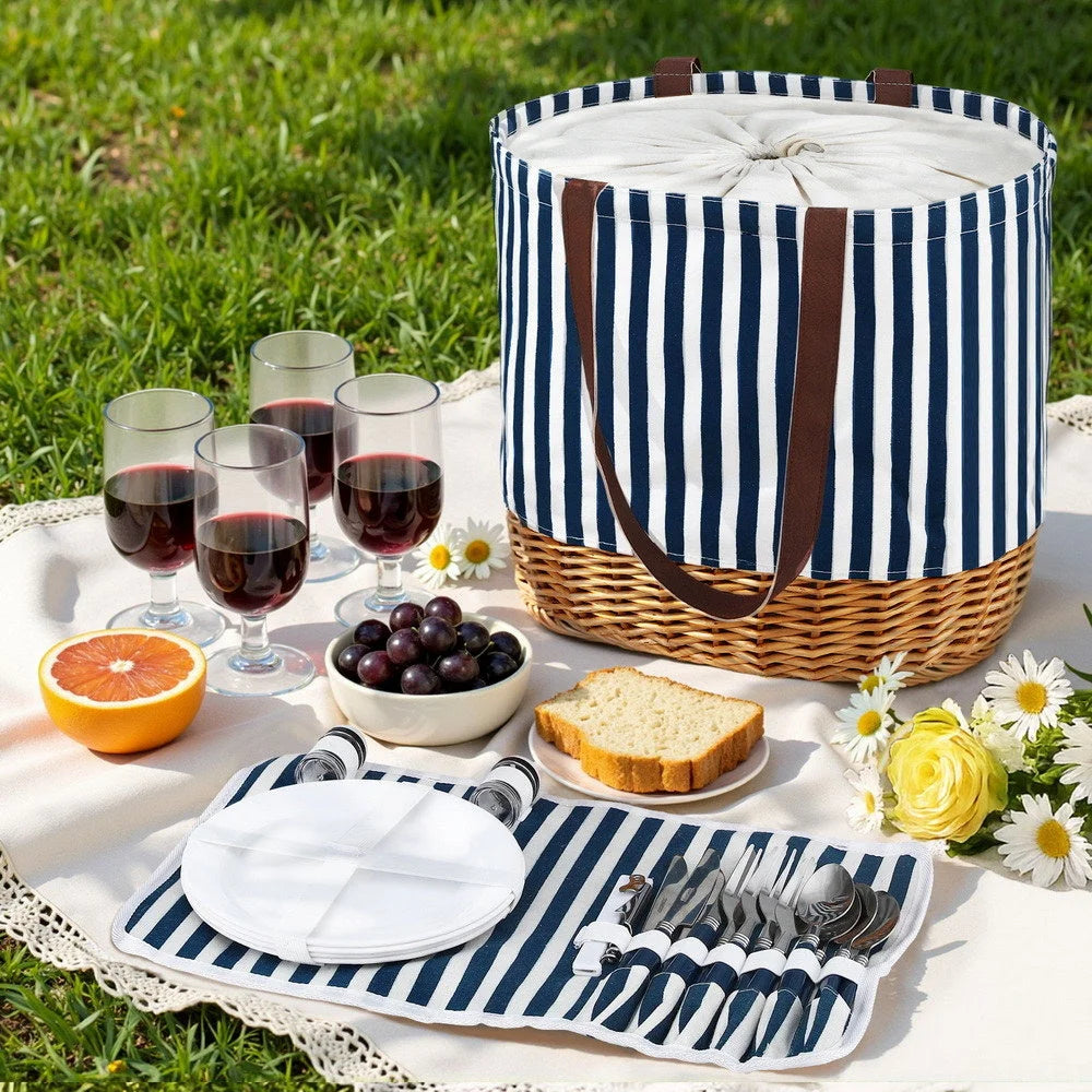 Alfresco 4 Person Picnic Basket Bag Set Wooden Blanket