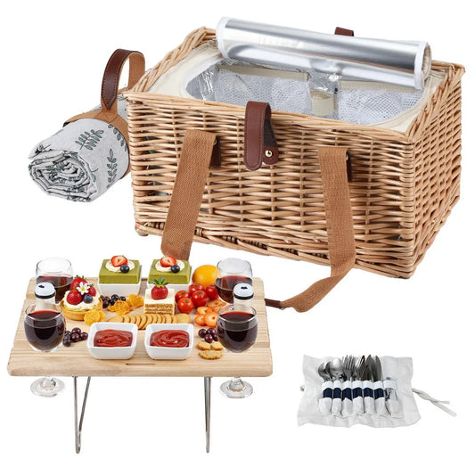Alfresco 4 Person Picnic Basket Set with Table Blanket