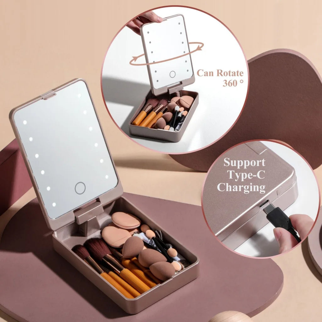 All-in-One Portable Makeup Brush Kit with LED Mirror Travel