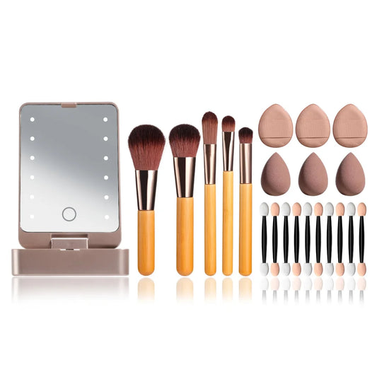 All-in-One Portable Makeup Brush Kit with LED Mirror Travel