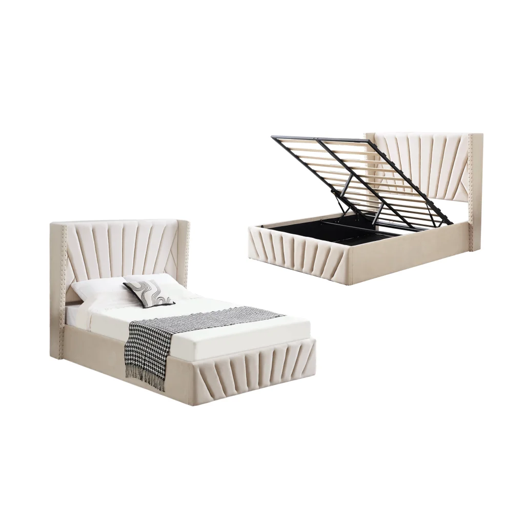 Allure Beige Velvet Gas Lift Bed - King - Furniture >