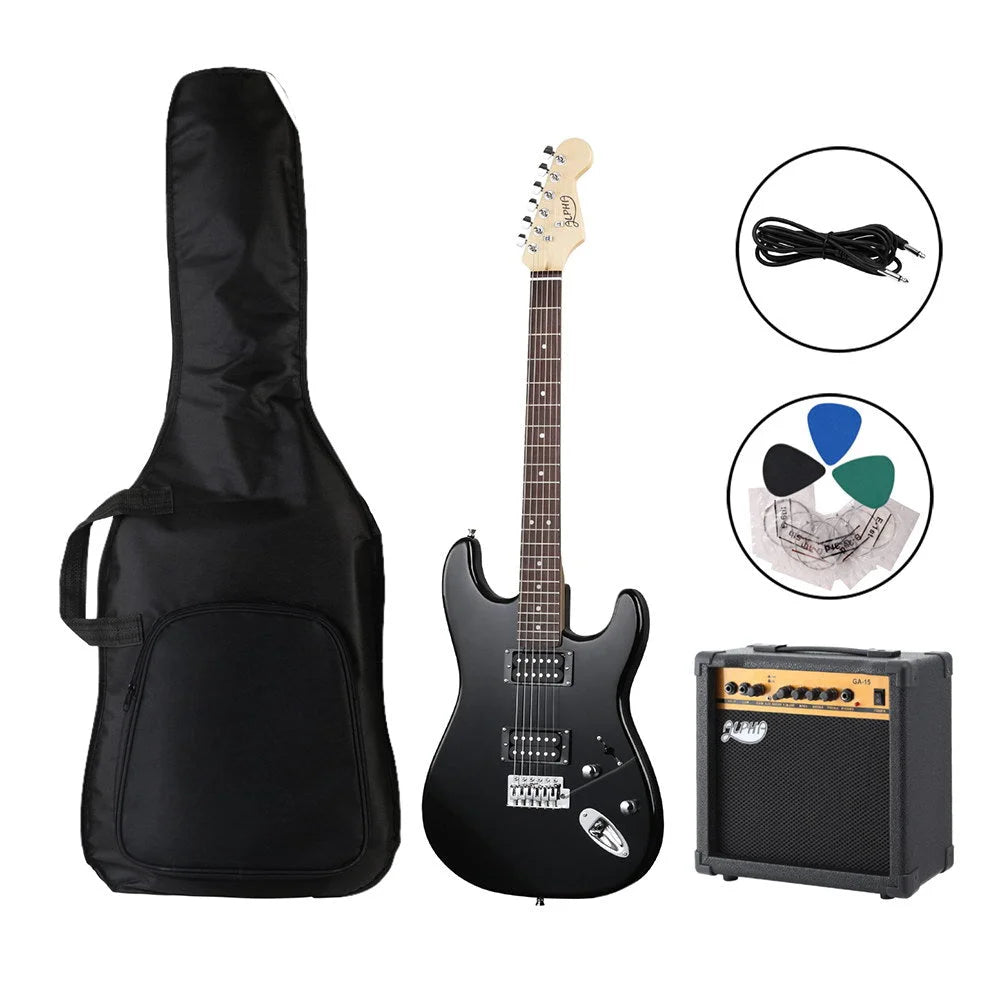 Black alpha electric guitar with music string instrument 20w