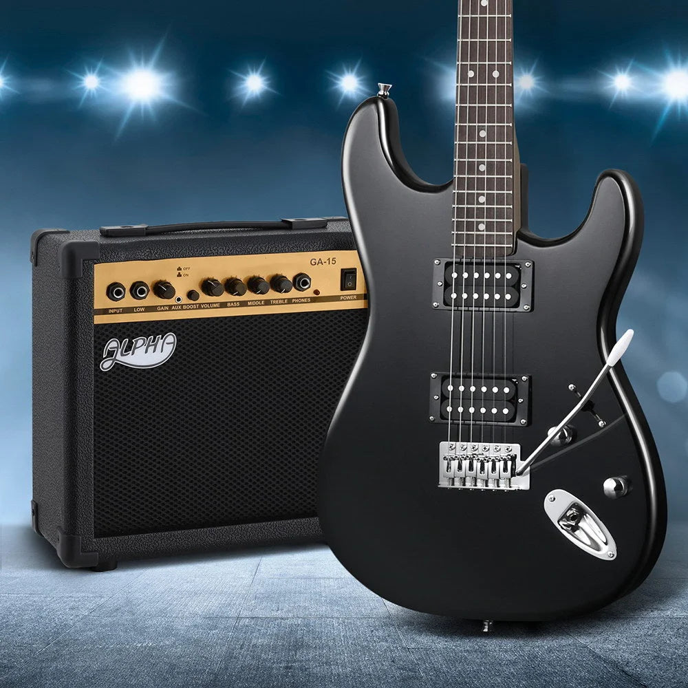 Black alpha electric guitar with assembled base supports and lower rails