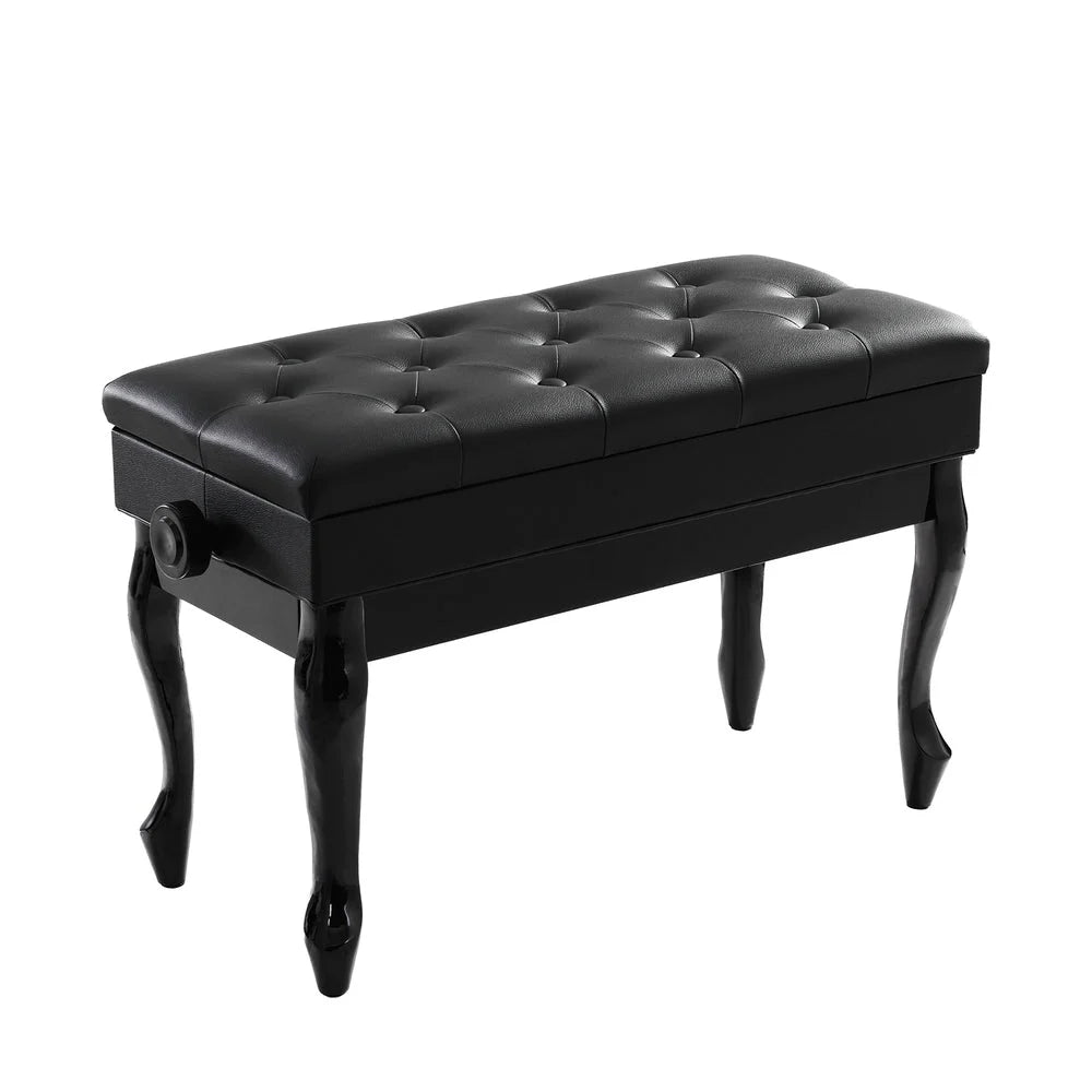 Alpha piano bench with storage shelves and support legs