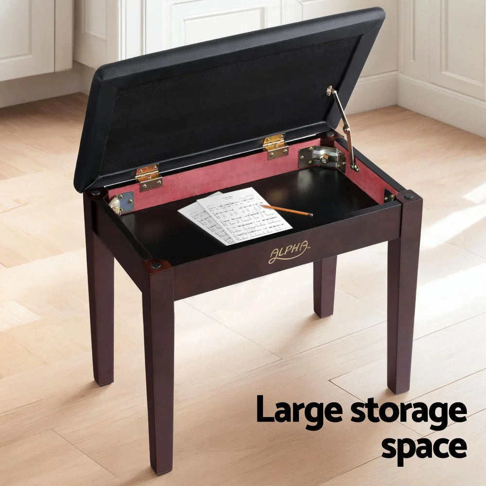 Wooden alpha piano bench with matching accessories and clear item layout