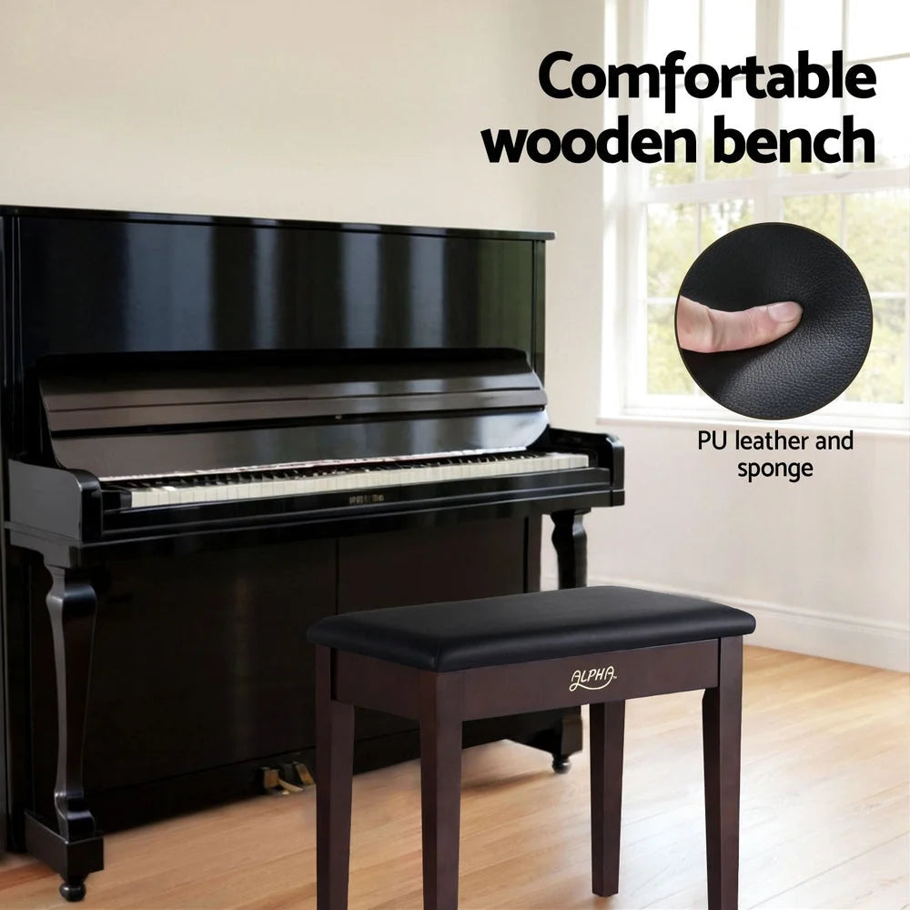 Wooden alpha piano bench with storage shelves and support legs