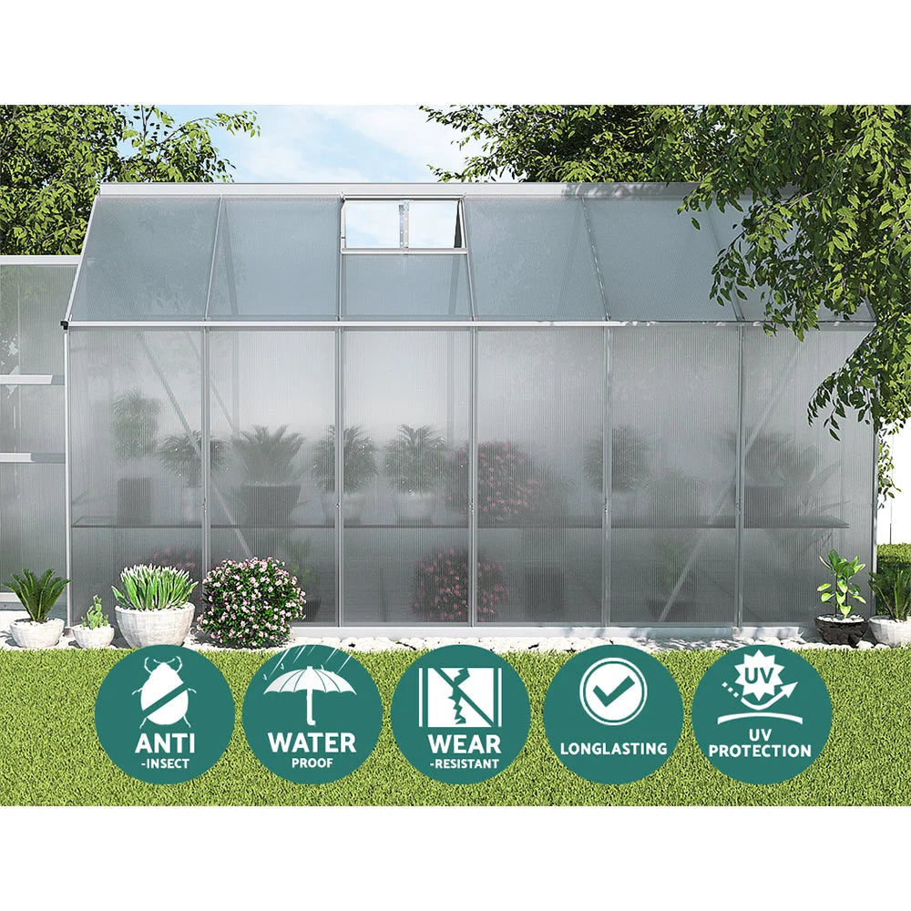 Aluminium Greenhouse Polycarbonate Garden Shed - 3.7x2.5M
