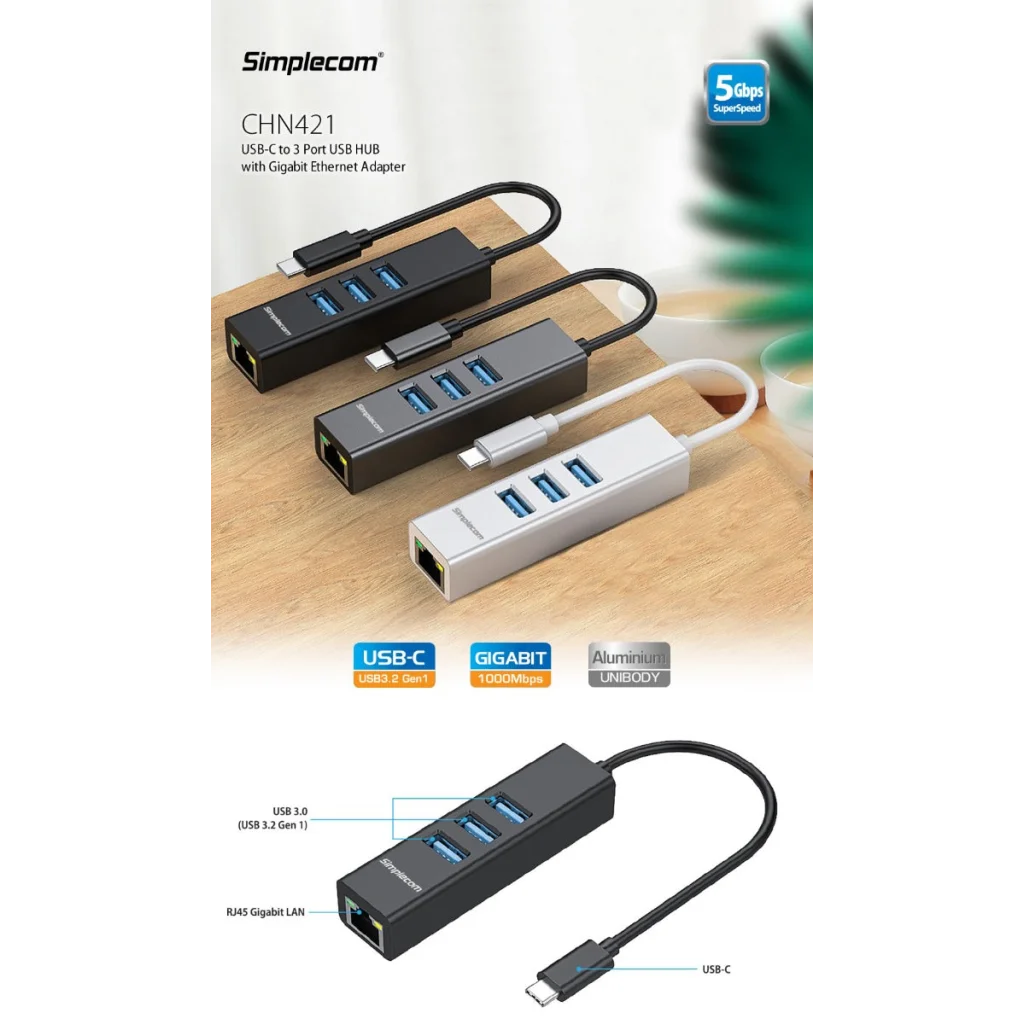Aluminium USB-C Hub 3 Port with Gigabit Ethernet Adapter