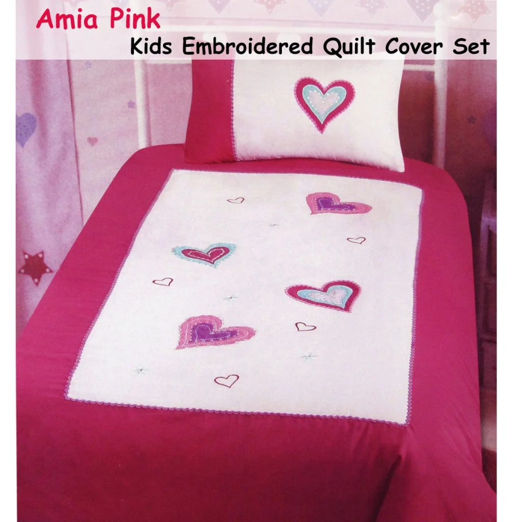 Amia Hearts Embroidered Quilt Cover Set Single - Home &