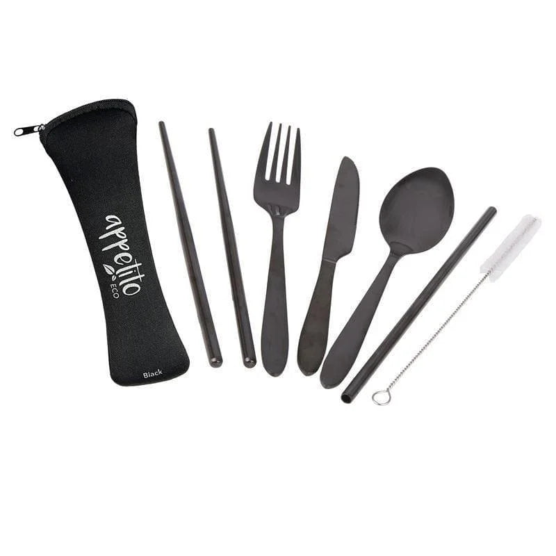 Appetito ? Stainless Steel Traveller?s Cutlery Set in Zippered Pouch Black-1973194225843572736