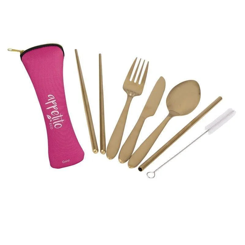 Appetito ? Stainless Steel Traveller?s Cutlery Set in Zippered Pouch Fuschia-1973194226053287936