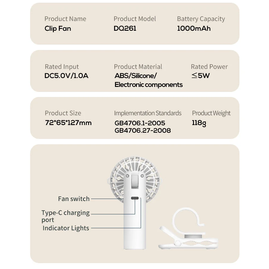 Apricot Portable Multifunctional Clip Fan DQ261 - 1000mAh