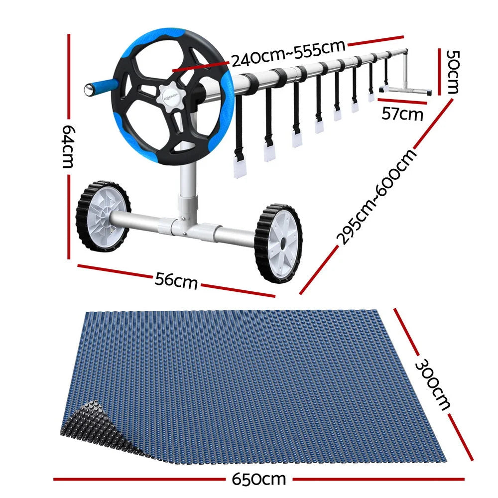 Black 5x3m swimming pool cover with blue bubble blanket roll shape