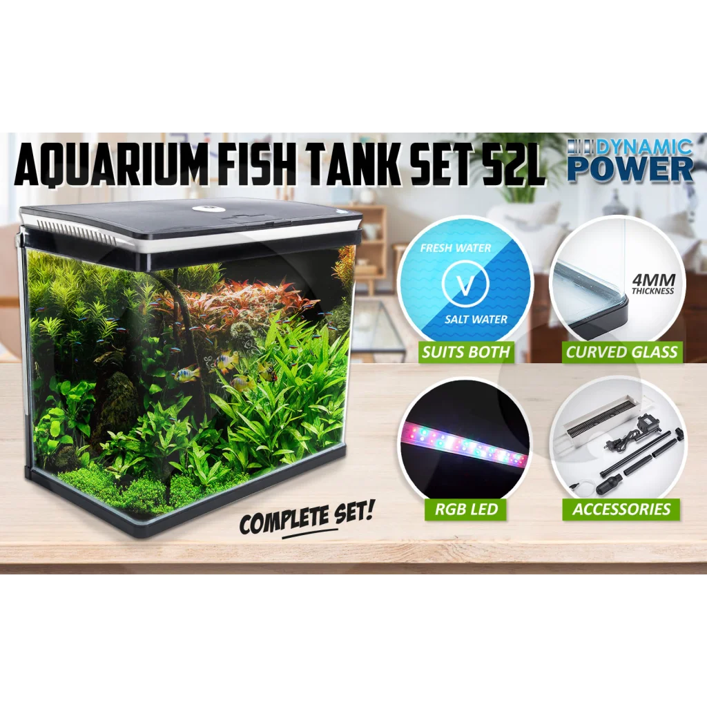 Aquarium Fish Tank 52L Curved Glass RGB LED - Dynamic Power