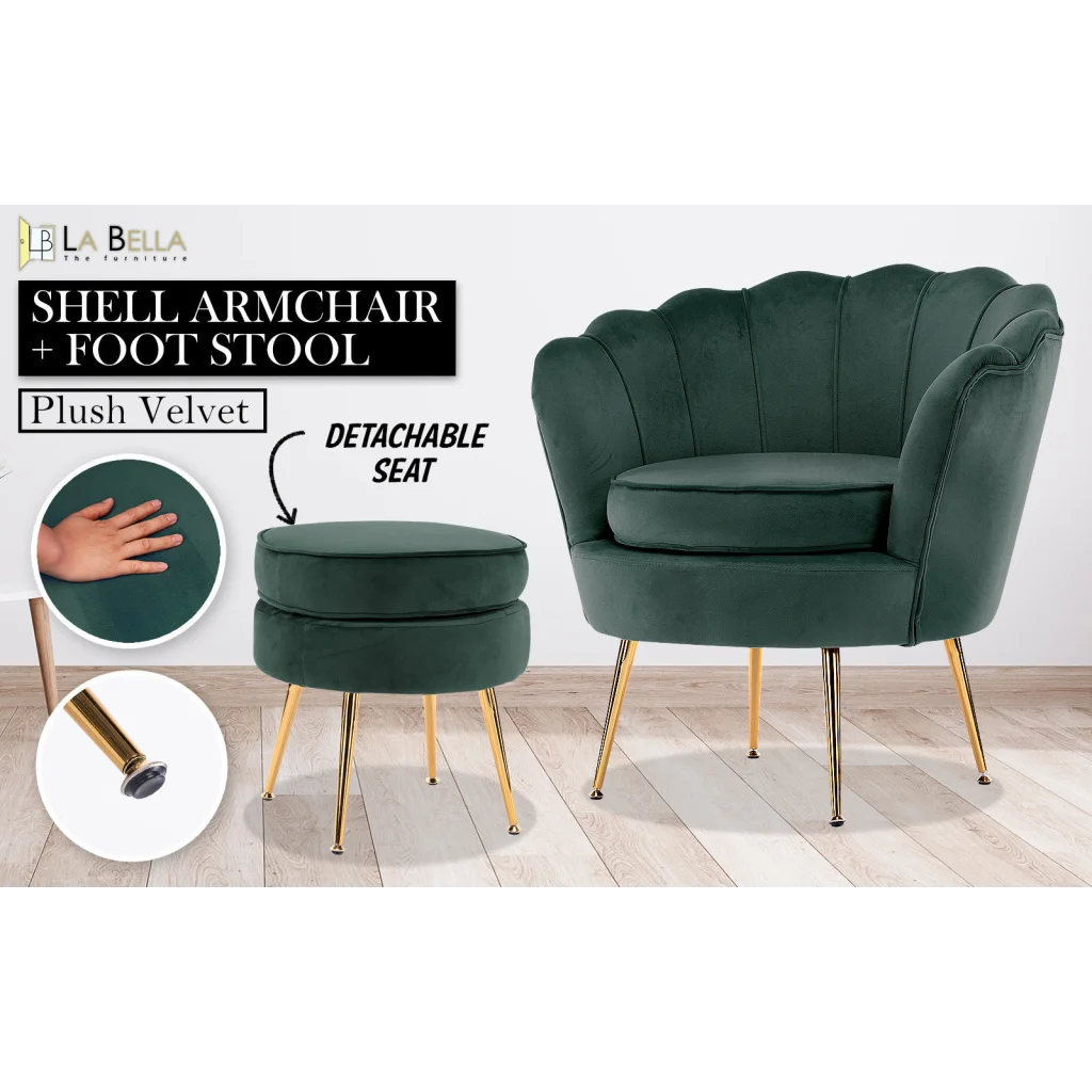 Armchair Accent Chair Velvet with Round Ottoman Footstool