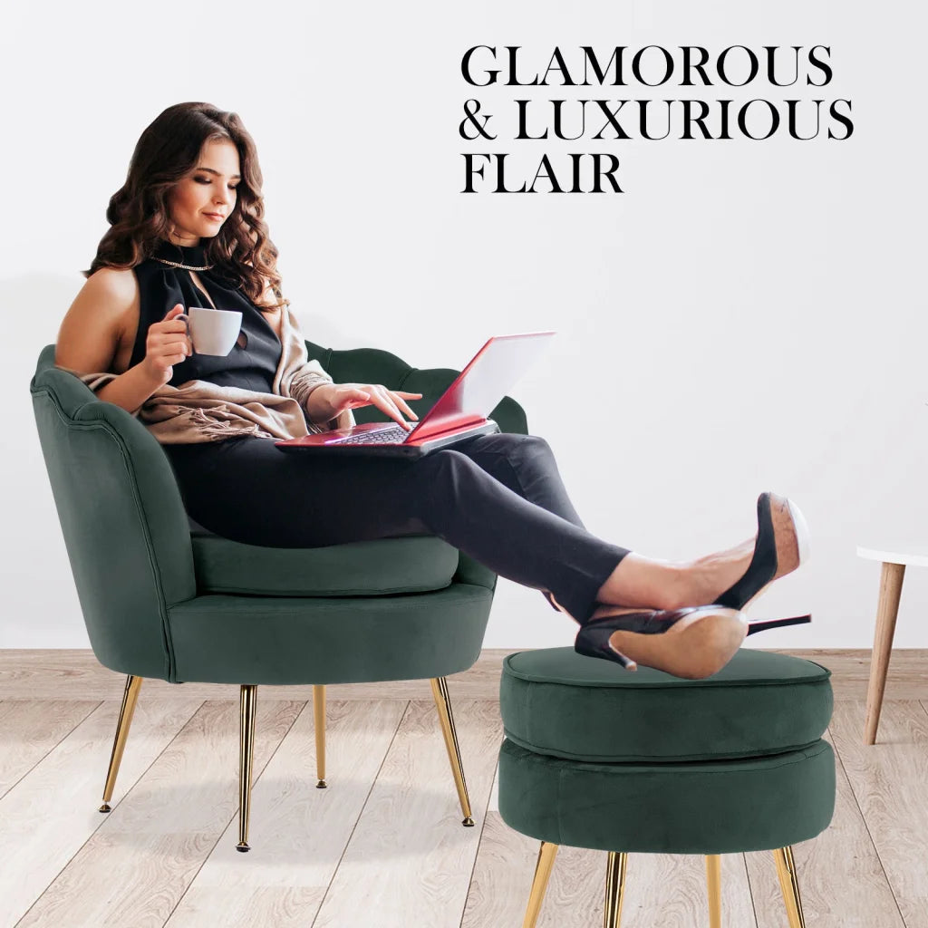 Armchair Accent Chair Velvet with Round Ottoman Footstool