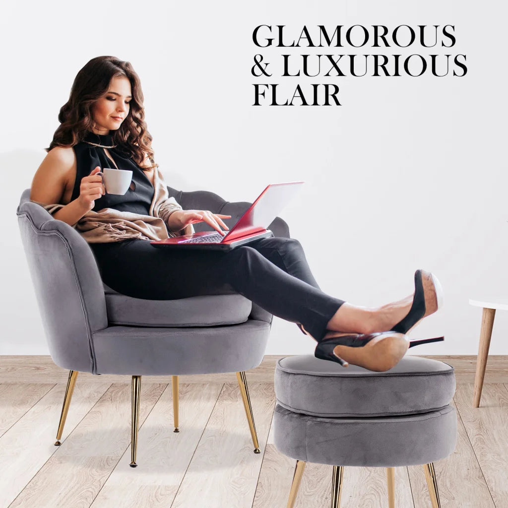 Armchair Accent Chair Velvet with Round Ottoman Footstool