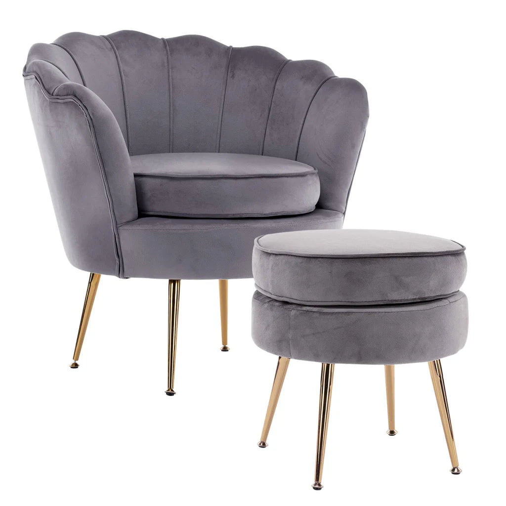 Armchair Accent Chair Velvet with Round Ottoman Footstool